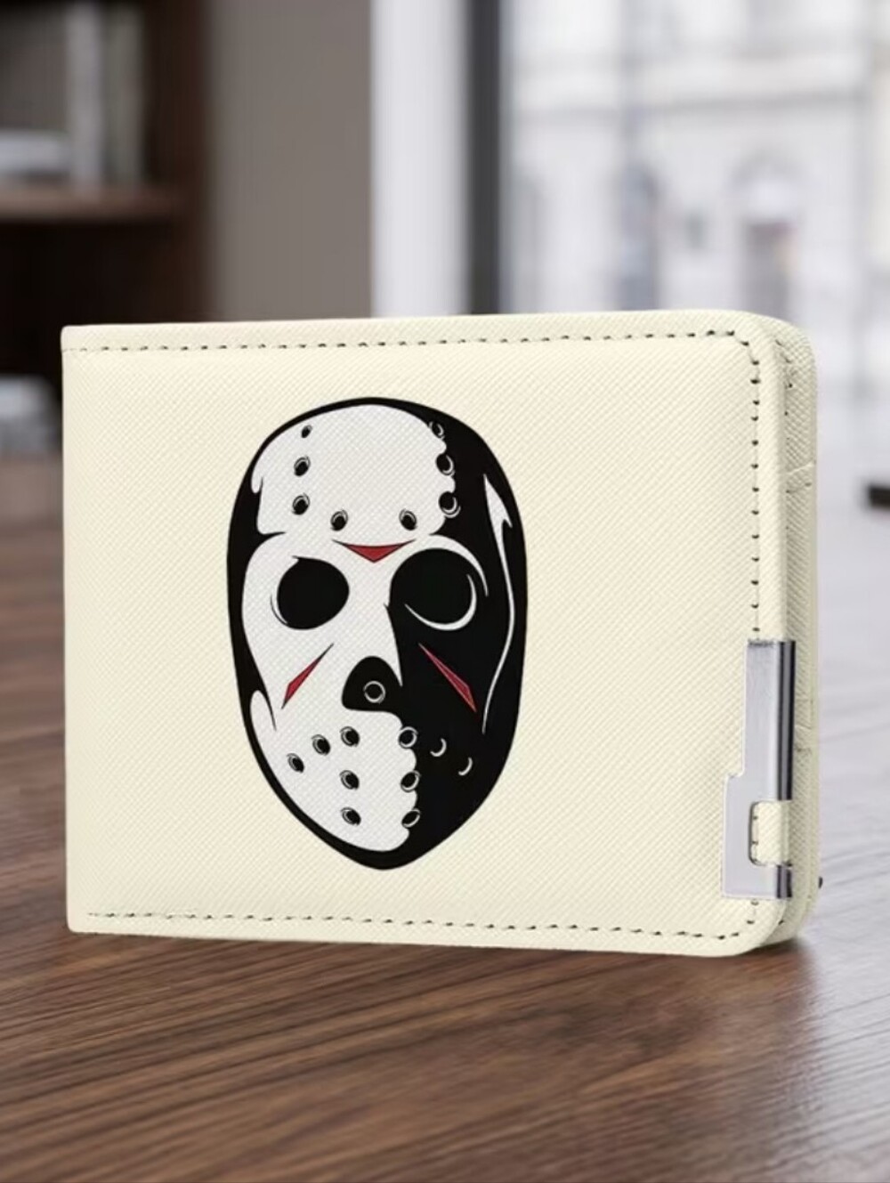 Minimalist Cream Card Wallet With Jason Mask Graphic